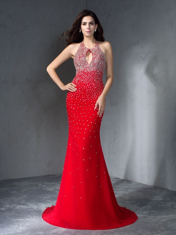 Halter Beading Sleeveless Long Chiffon Dresses